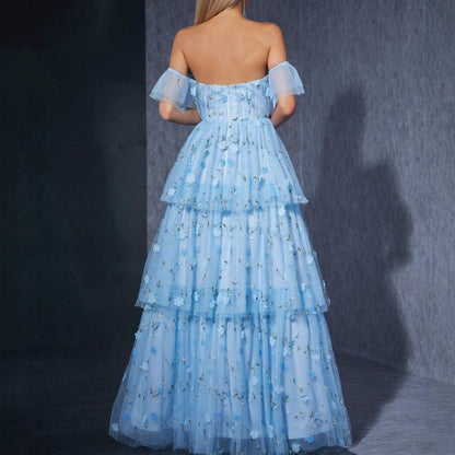 mandy floral applique layer maxi dress in blue