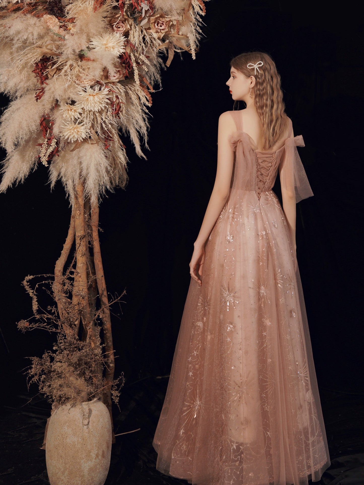 sequin embroidery maxi dress in pink-orange