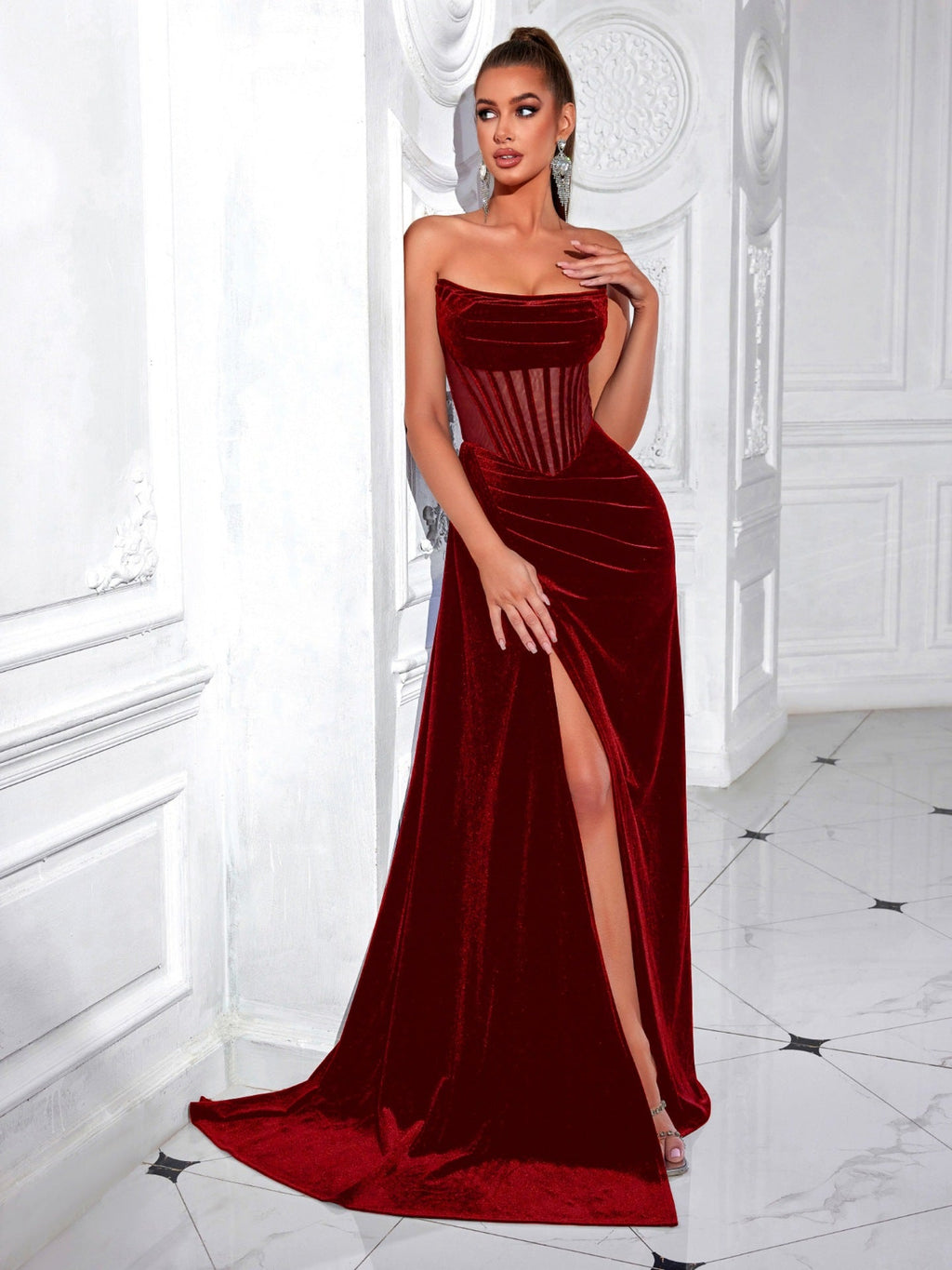 Velvet herringbone strapless evening maxi dress