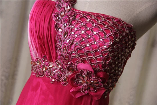 Rose red chiffon gradient one-shoulder evening dress