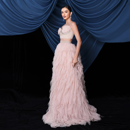mesh hem rhinestone corset two-piece set
