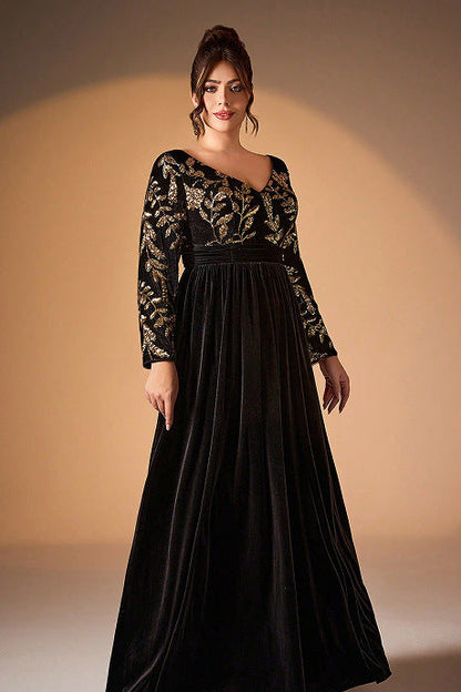 sequin floral print velvet maxi dress in black
