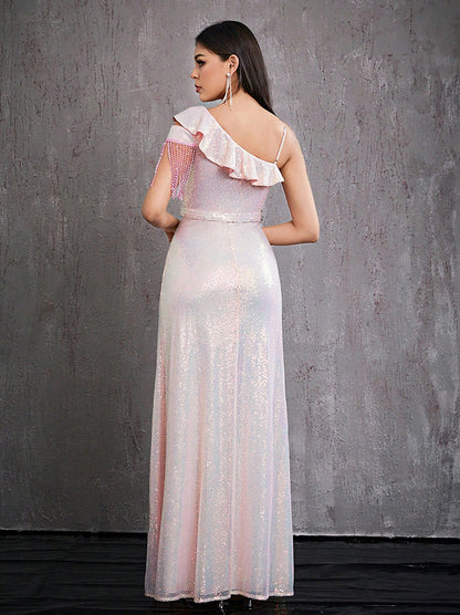 one shoulder tassel sequin high slit maxi dress in pink