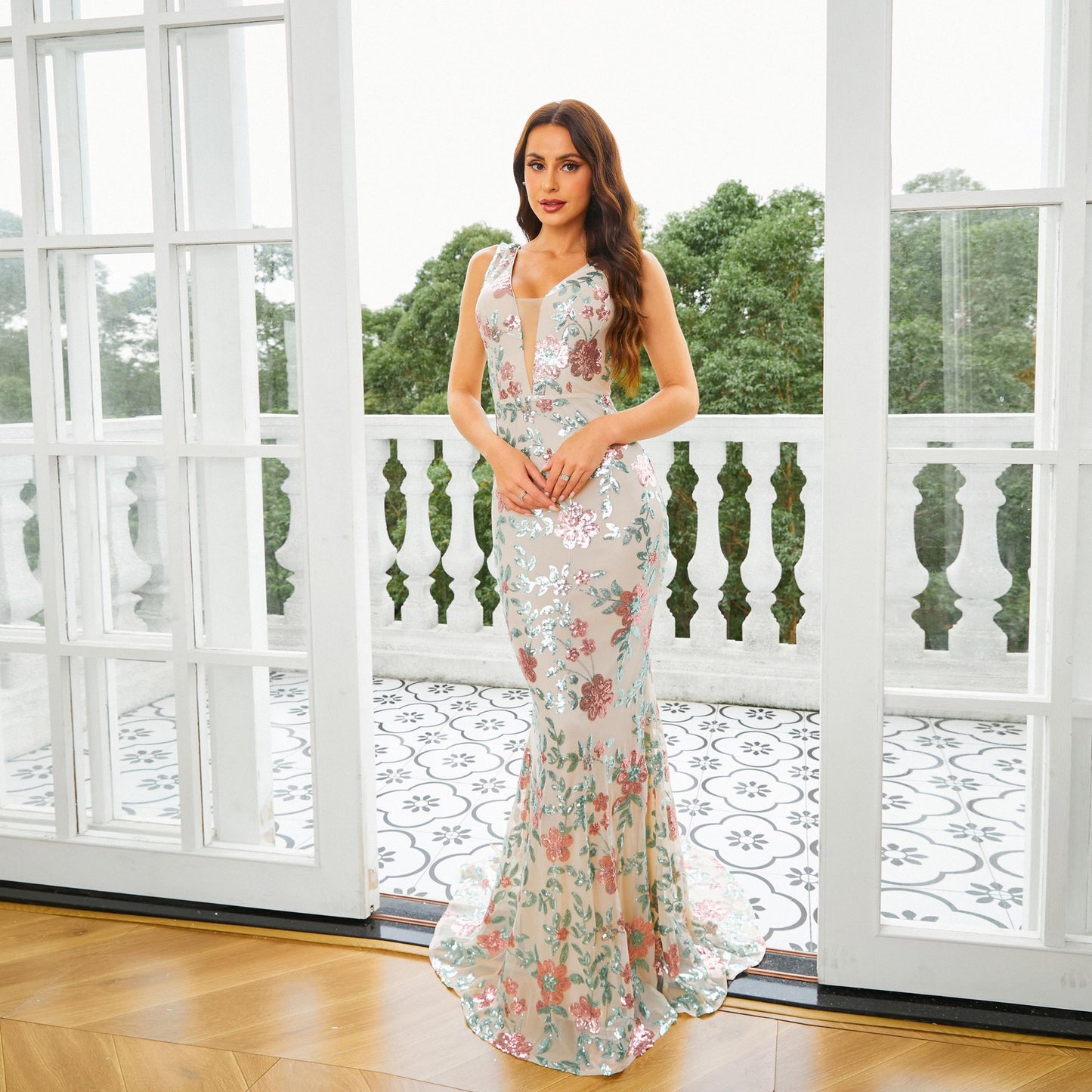 sequin floral print sleeveless bodycon maxi dress