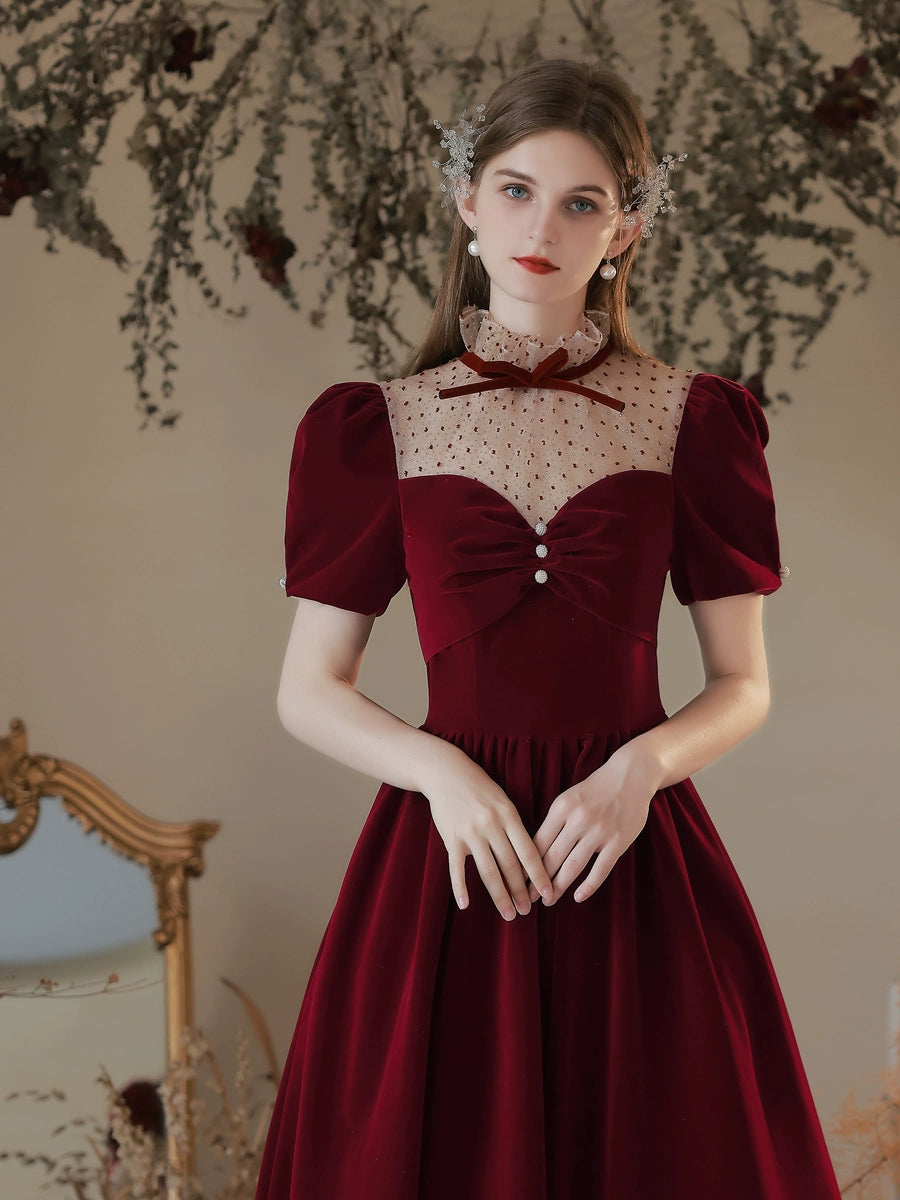 Retro puff sleeve velvet maxi dress