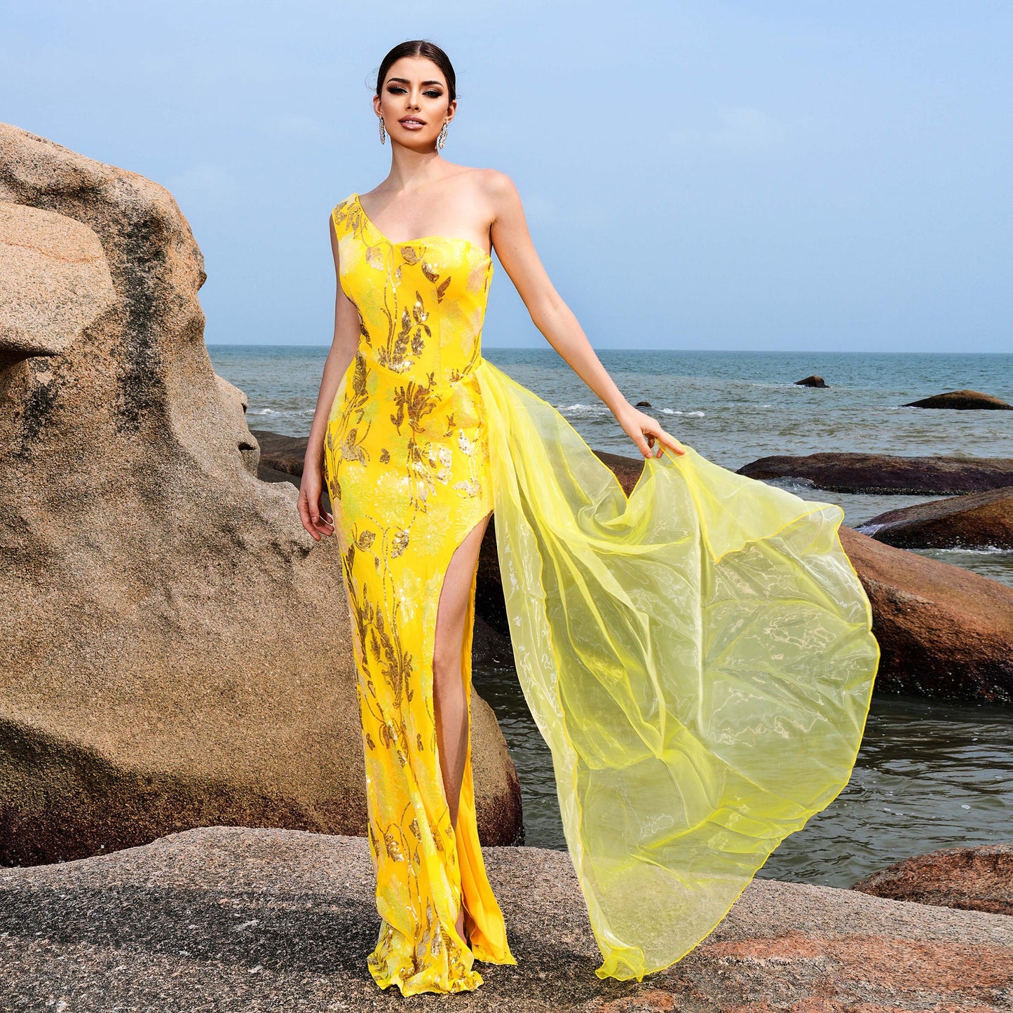 one shoulder sequin floral print side slit maxi dress in yellow