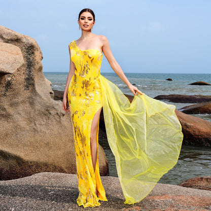 one shoulder sequin floral print side slit maxi dress in yellow