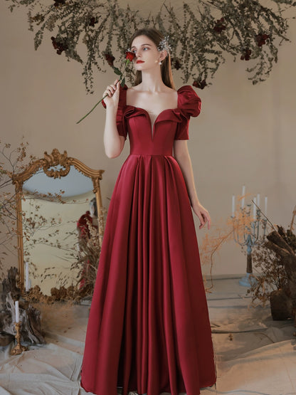 v-neck puff sleeve satin maxi dress in claret