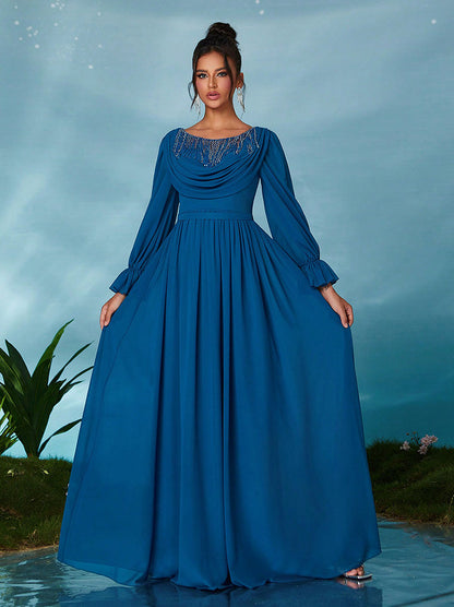 lace trim chiffon lantern sleeve maxi dress in blue