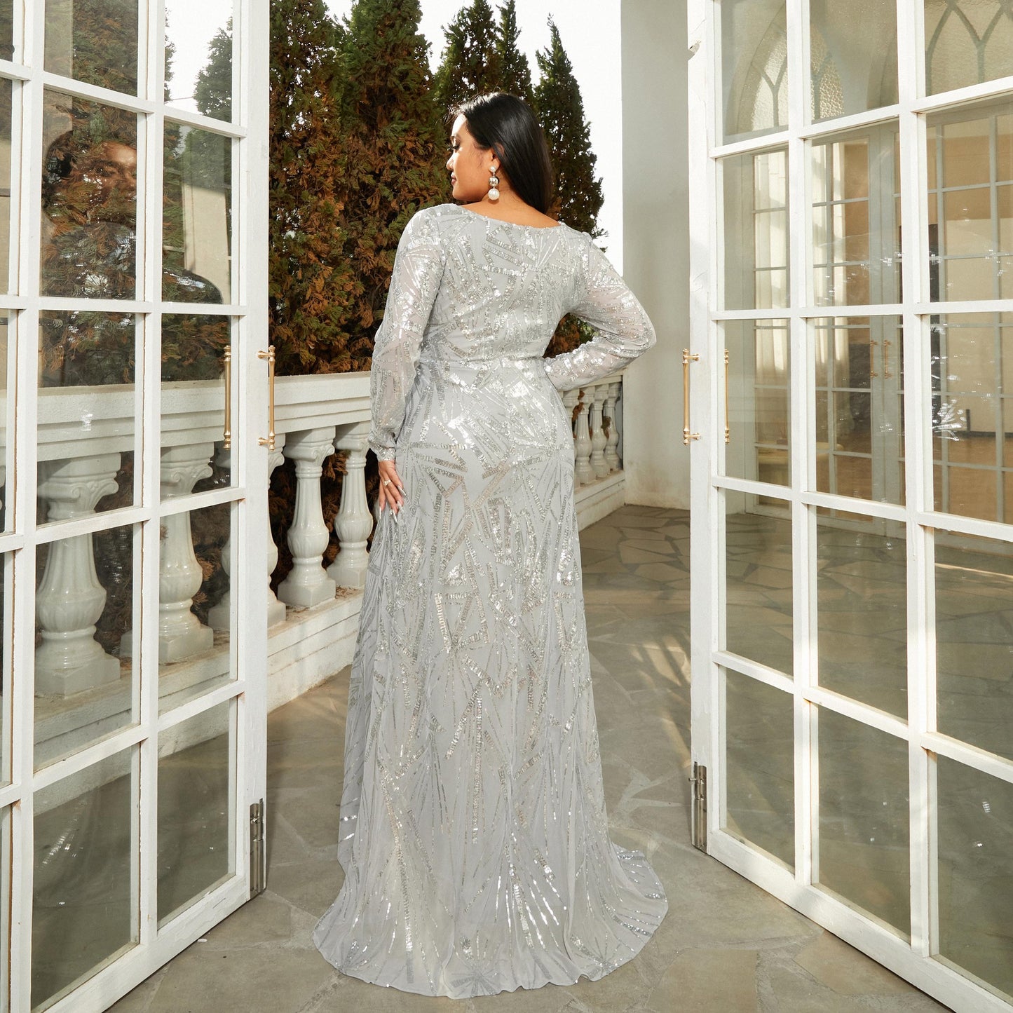 v neck long sleeve sequin detail maxi dress in grey
