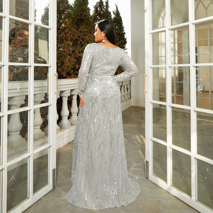 v neck long sleeve sequin detail maxi dress in grey