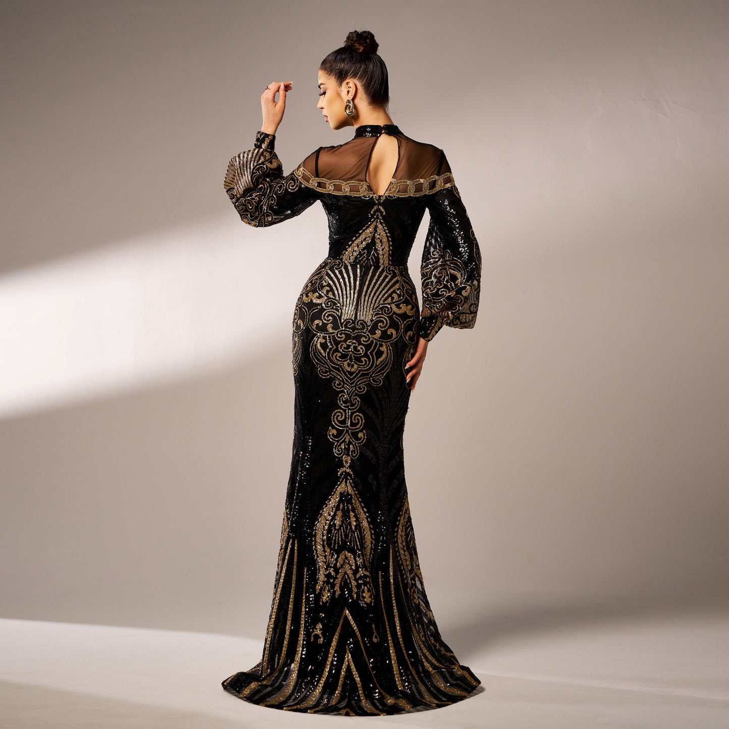lily Round neck long sequined mesh fishtail evening dress