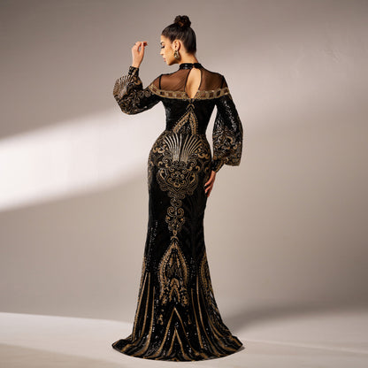 lily Round neck long sequined mesh fishtail evening dress