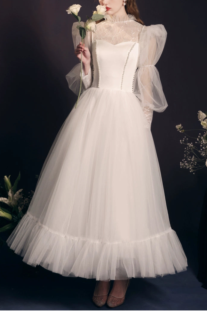 satin tulle puff sleeve maxi dress in white