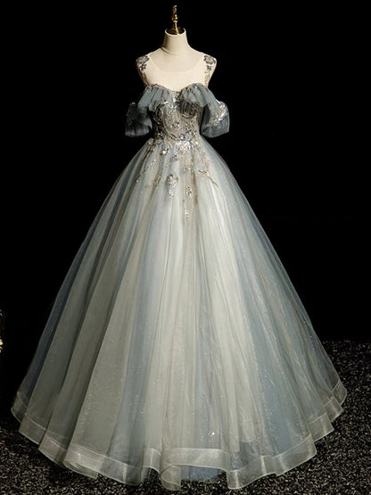 A-Line Round Neck Tulle Gray Blue Prom Dress