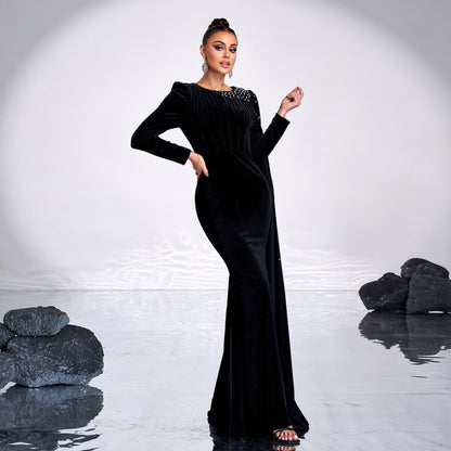 Round neck long sleeve long bodycon dress with rhinestones