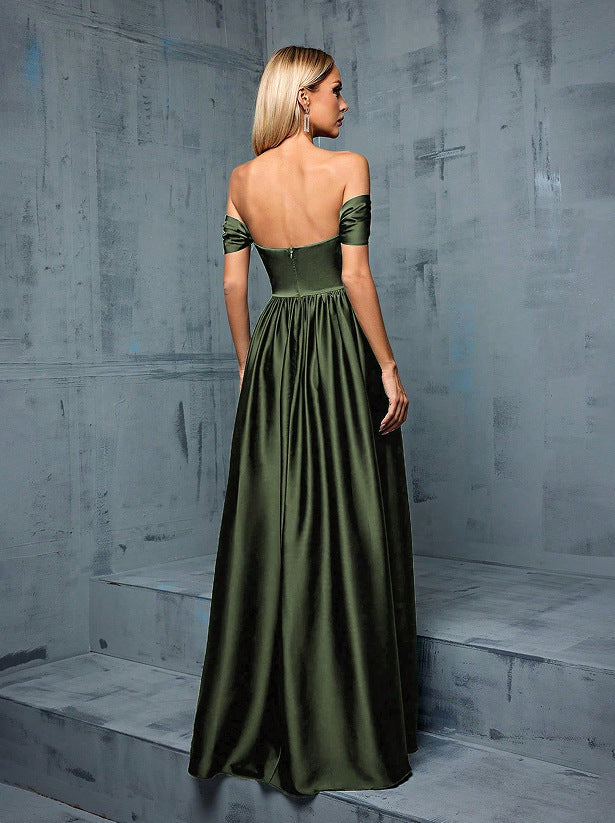 off shoulder ruched satin maxi dress in green