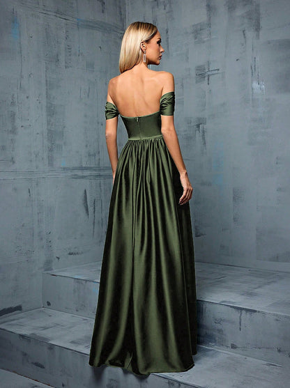 off shoulder ruched satin maxi dress in green