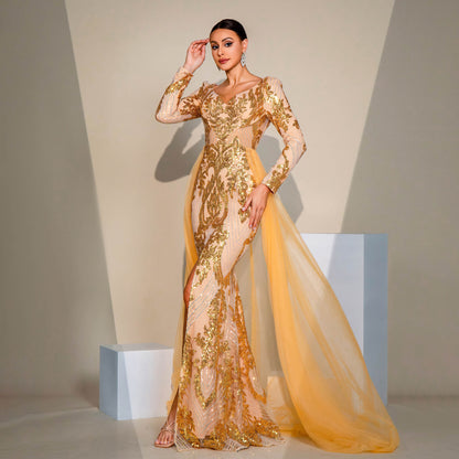 Long-sleeved V-neck sequined mesh bridesmaid dress