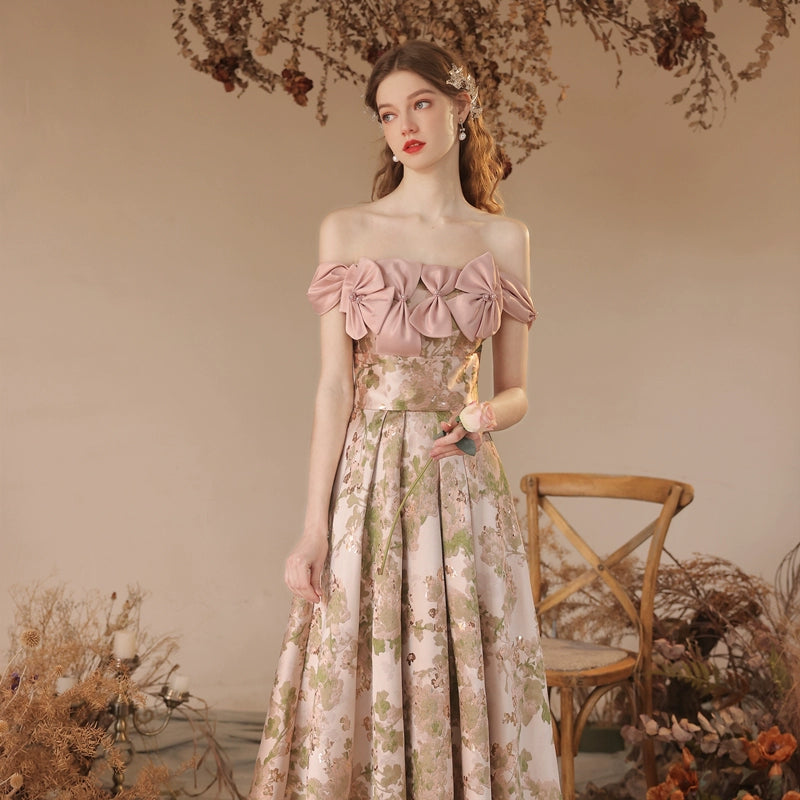 off-shoulder floral print bow satin maxi dress in pink