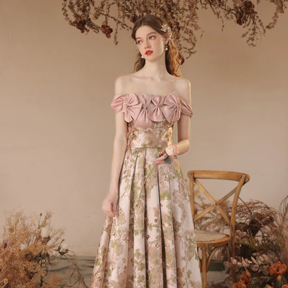 off-shoulder floral print bow satin maxi dress in pink