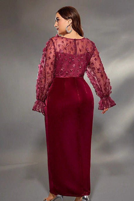 v neck floral appliqué sleeve velvet maxi dress in red