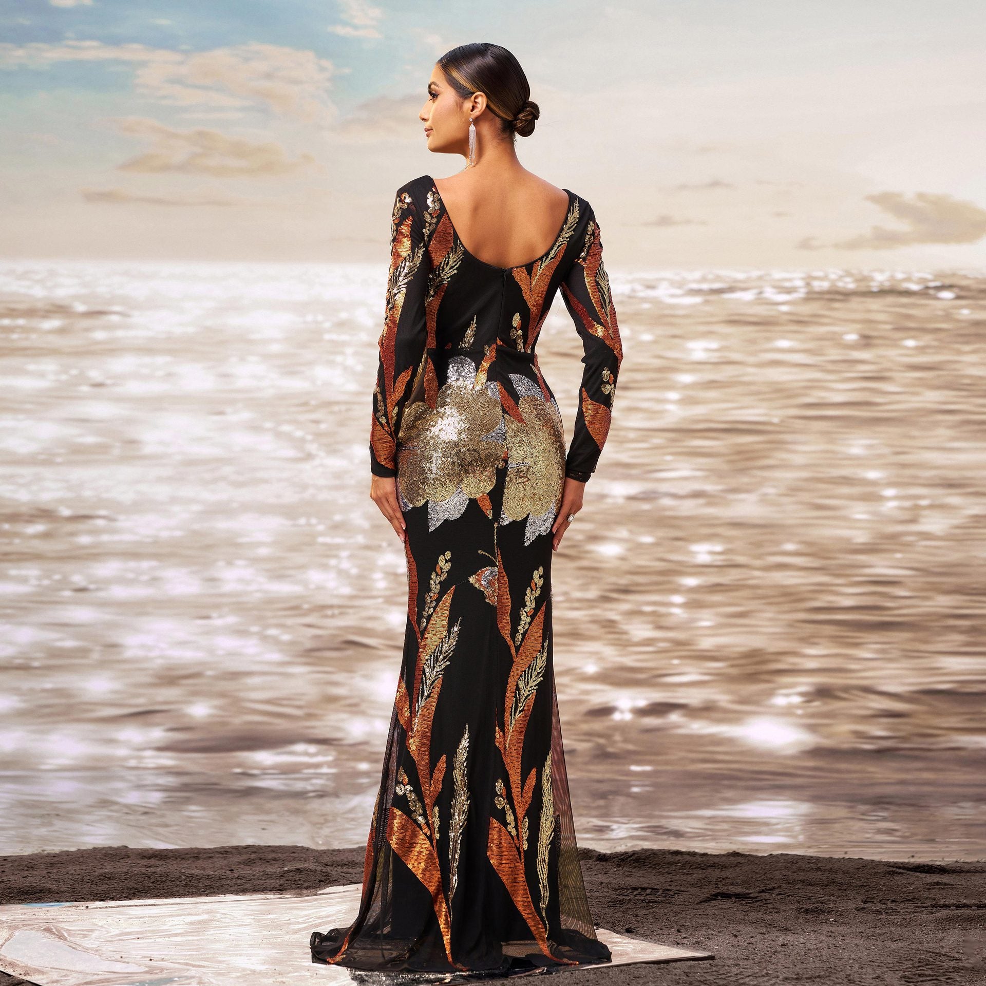 V-neck floral print bodycon sequined evening maxi dress - black/gold