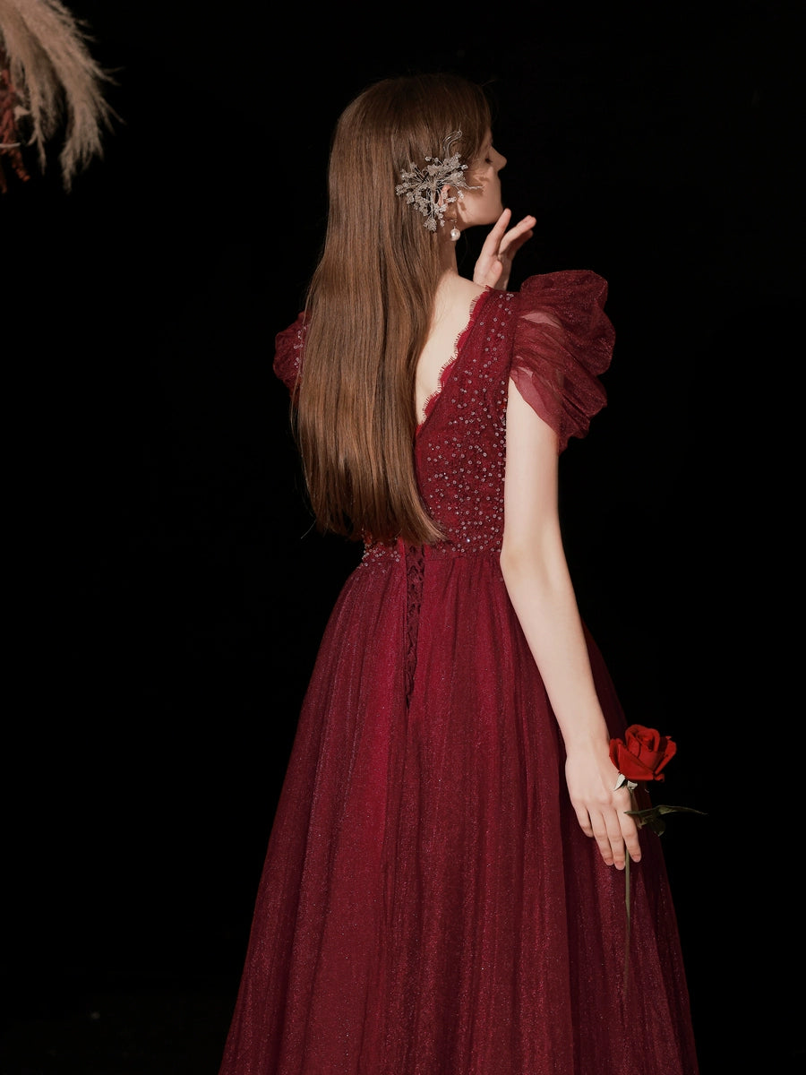 lura sequin v-neck puff short sleeve maxi dress in claret