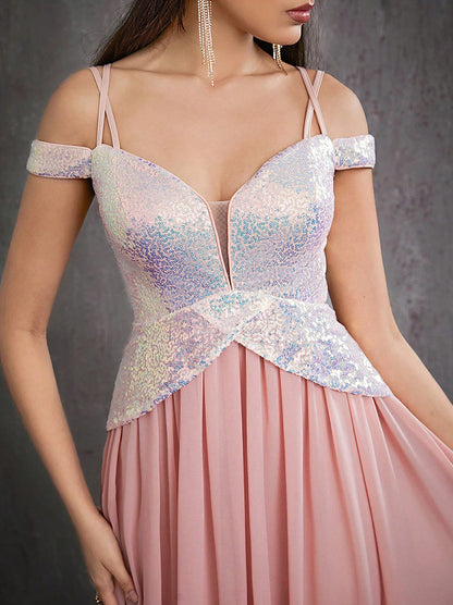 off-shoulder v neck sequin patchwork chiffon maxi dress in pink