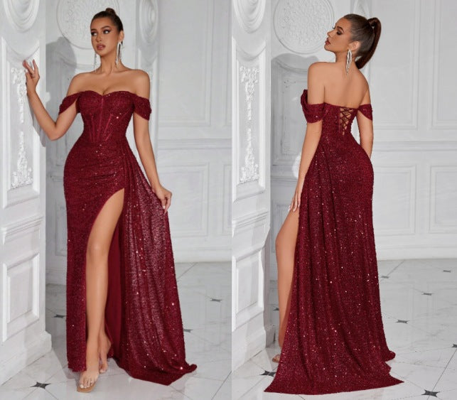gabrielle Sequined strapless slit evening maxi dress