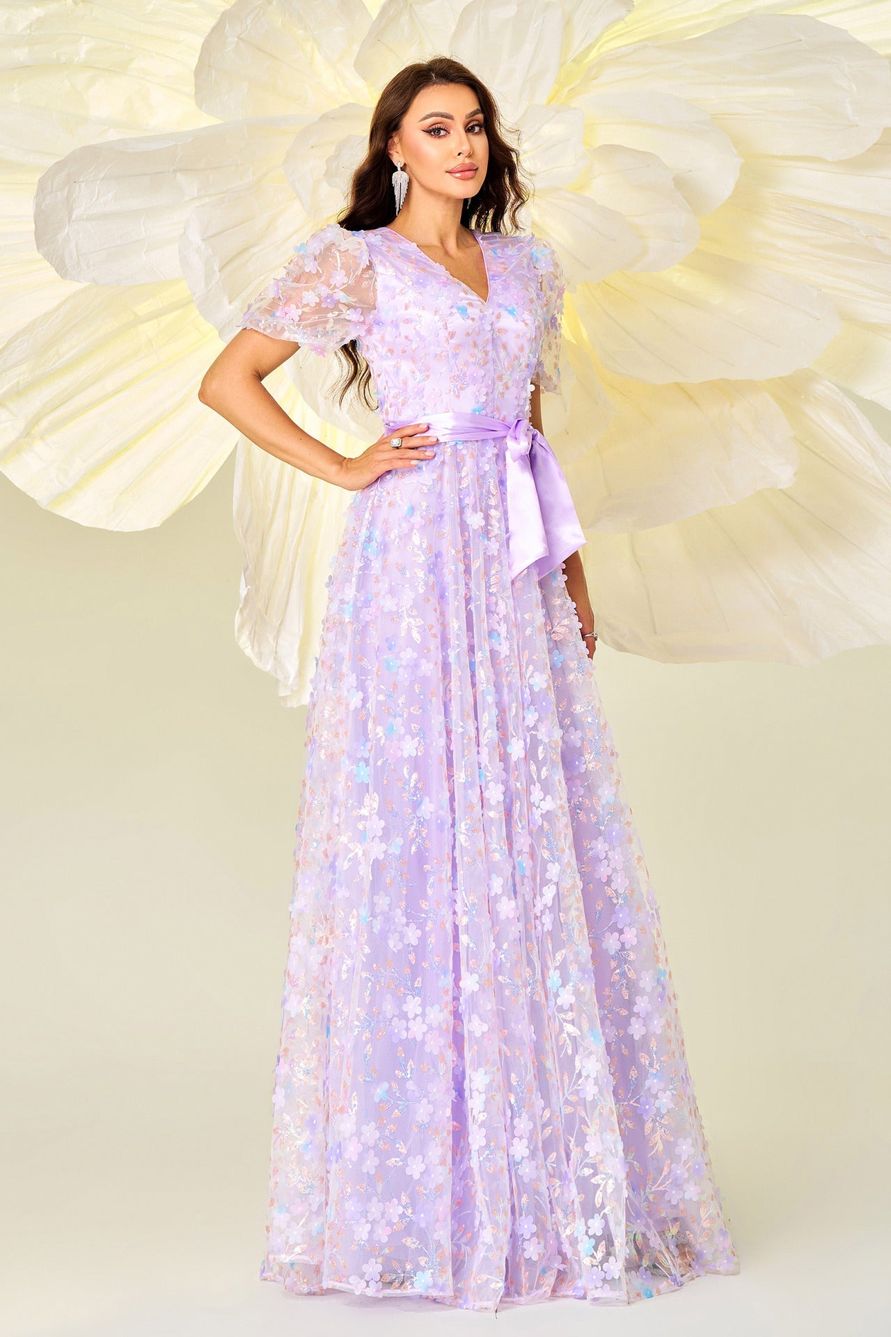 floral sequin v-neck maxi dress in purple