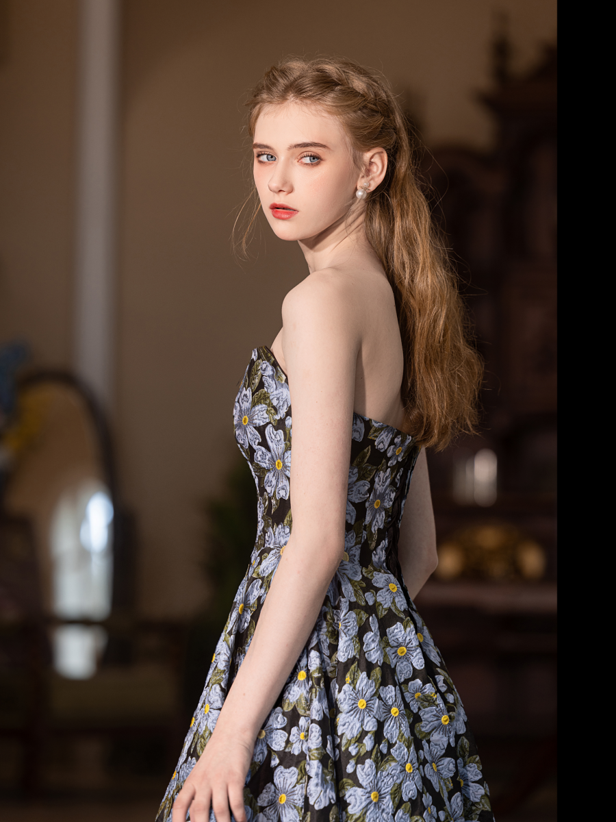 lulu blue-black floral print strapless maxi dress