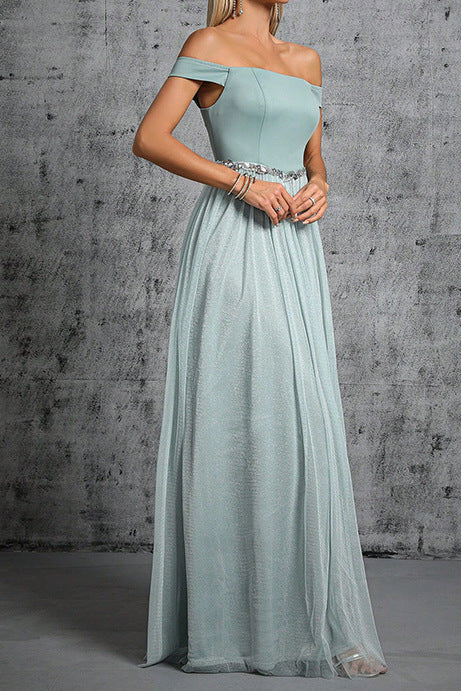 off shoulder rhinestone tulle patchwork satin maxi dress in mint
