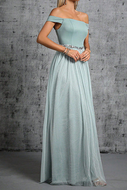 off shoulder rhinestone tulle patchwork satin maxi dress in mint