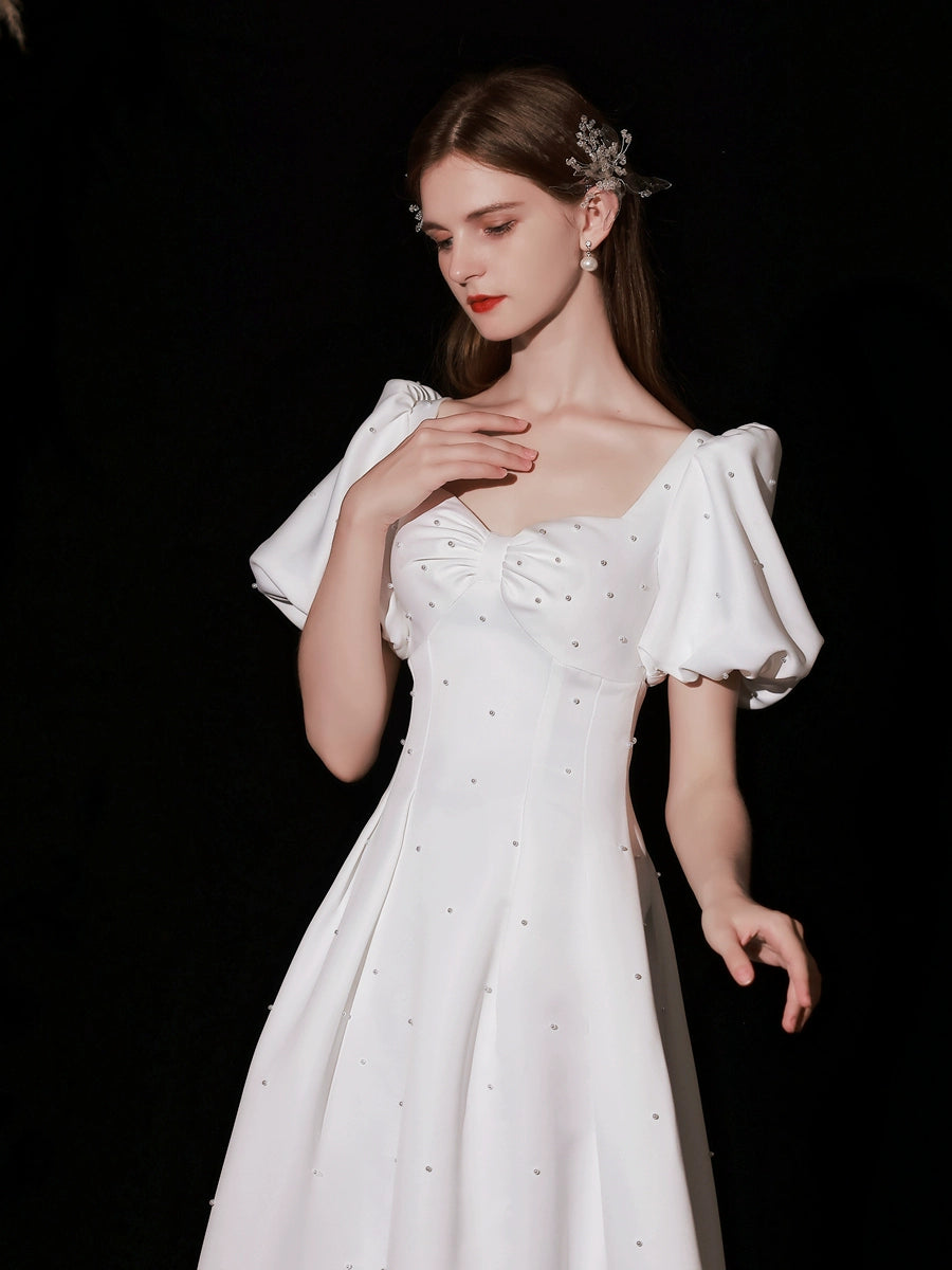 pearl embellished puff short sleeve maxi dress in white