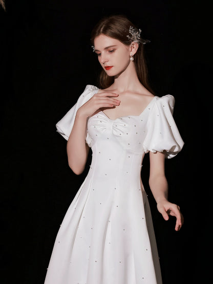 pearl embellished puff short sleeve maxi dress in white