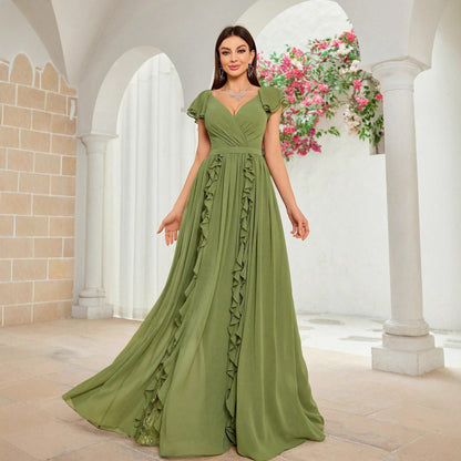 v neck ruffle detail backless maxi dress in green
