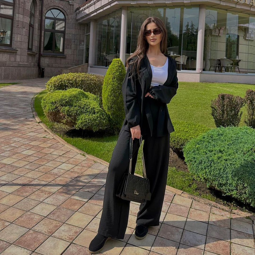 Casual Long Sleeved Hooded Shirt Jacket+straight Leg Pants 2pcs Set