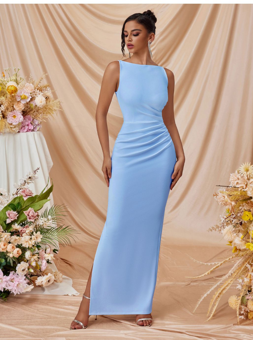 pleated Sleeveless solid color slit slim maxi dress