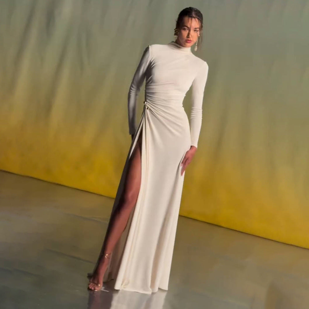 rita Metallic Double Ball Long-Sleeve High-Slit maxi Dress in white