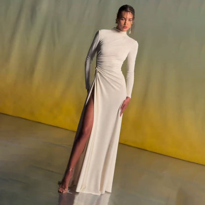 rita Metallic Double Ball Long-Sleeve High-Slit maxi Dress in white