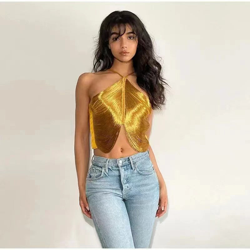 off shoulder camisole vest irregular fringed halterneck top