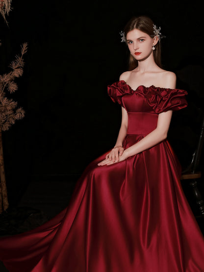 off-shoulder ruffle satin maxi dress in claret