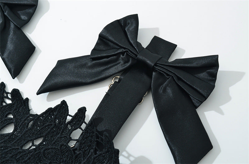 hermosa Bow Strap Embroidered Lace Maxi Dress in black