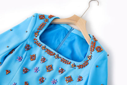 meroy square neck floral Beading Embroidery maxi dress in sky blue