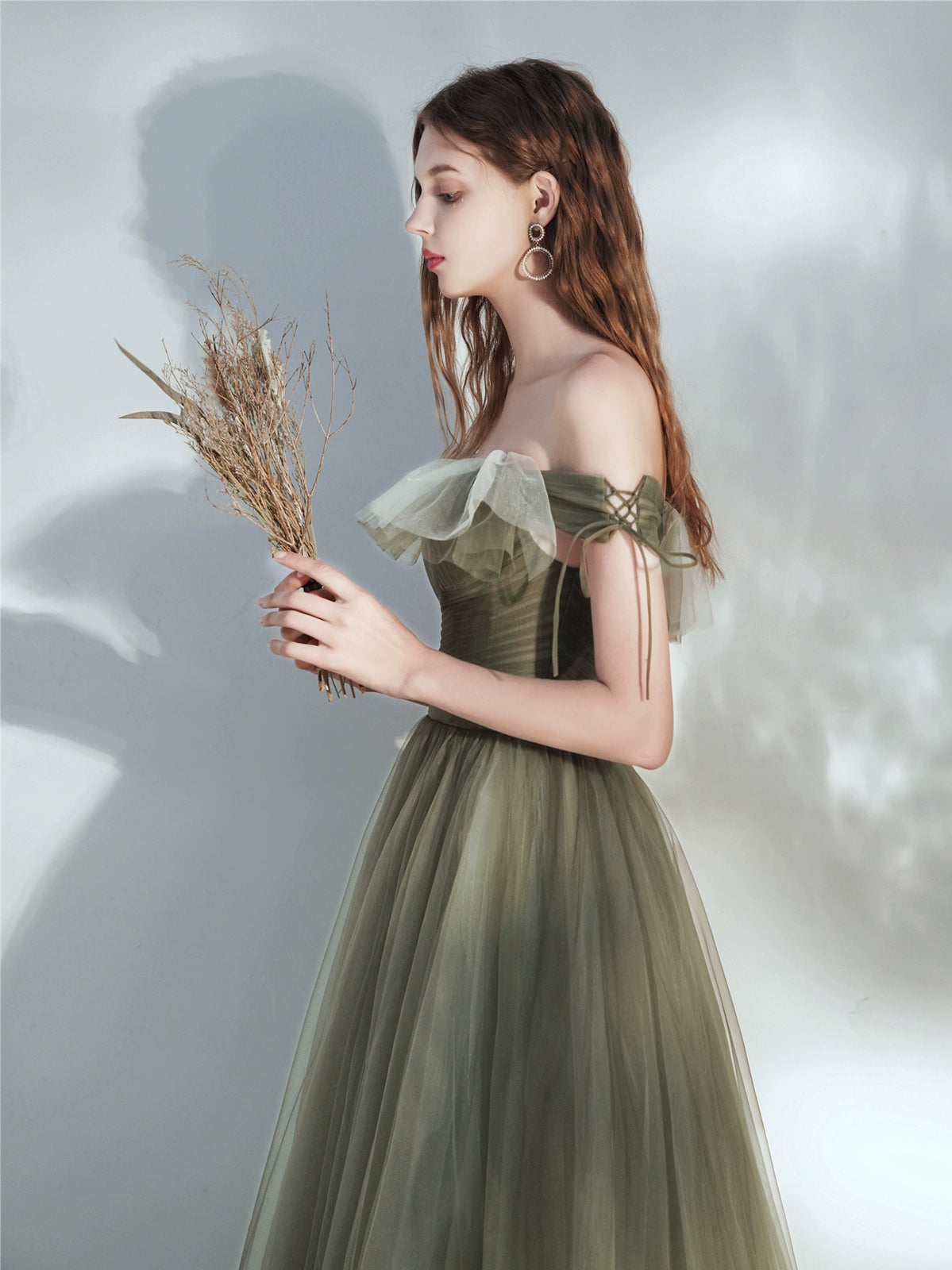 tulle ruffle strapless maxi dress in green