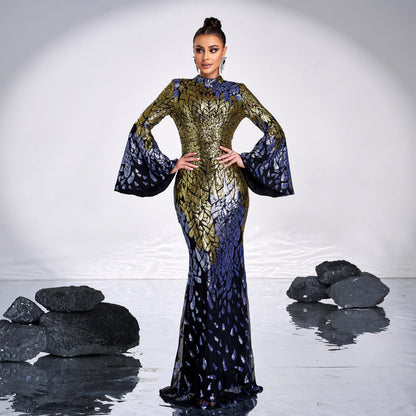 Round neck long sequined mermaid dress