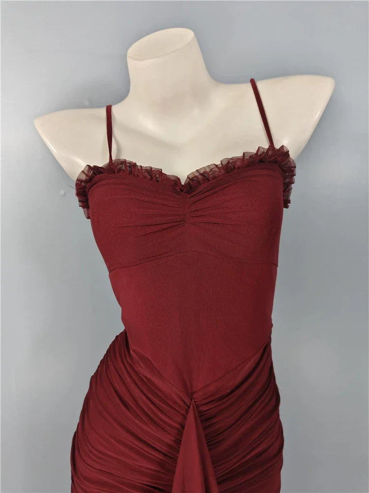 Burgundy mesh ruffle waist maxi dress
