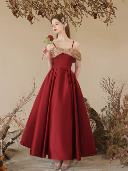 off-shoulder sequin satin maxi dress in claret