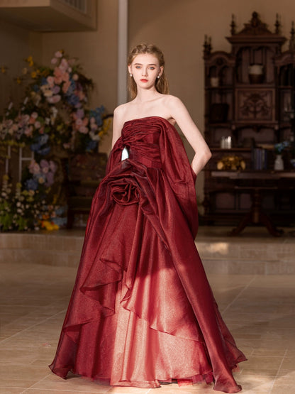 off-shoulder flower shape maxi dress in burgundy